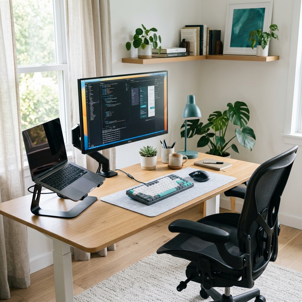 Modern ergonomic desk setup with monitor at eye level, ergonomic chair, and posture correcting seat pad in a bright home office